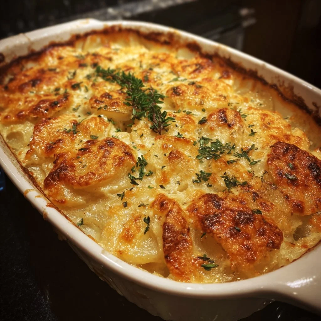 Delicious creamy scalloped potatoes baked to perfection with cheese and herbs