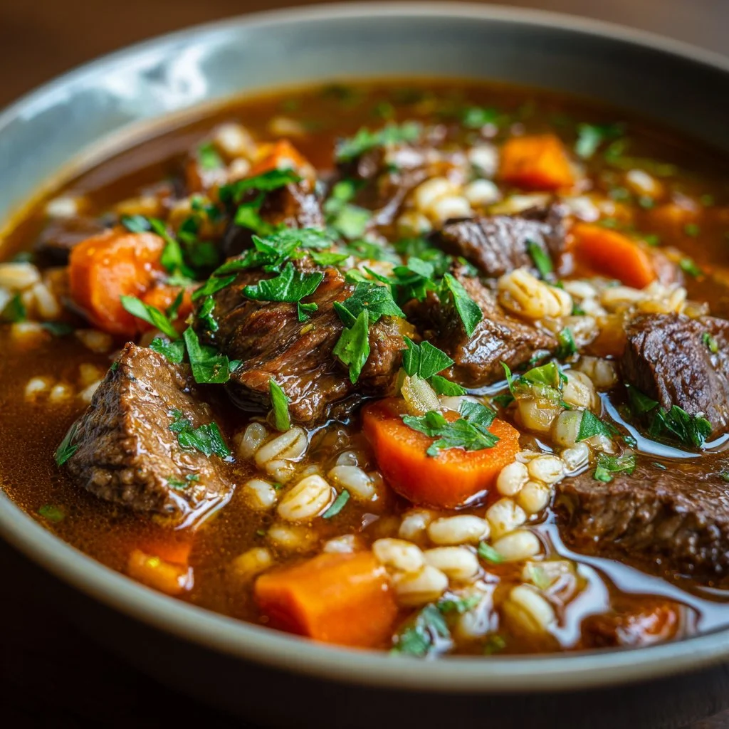 Crockpot Beef Barley Soup 2 Bowl of Crockpot Beef Barley Soup with vegetables and herbs