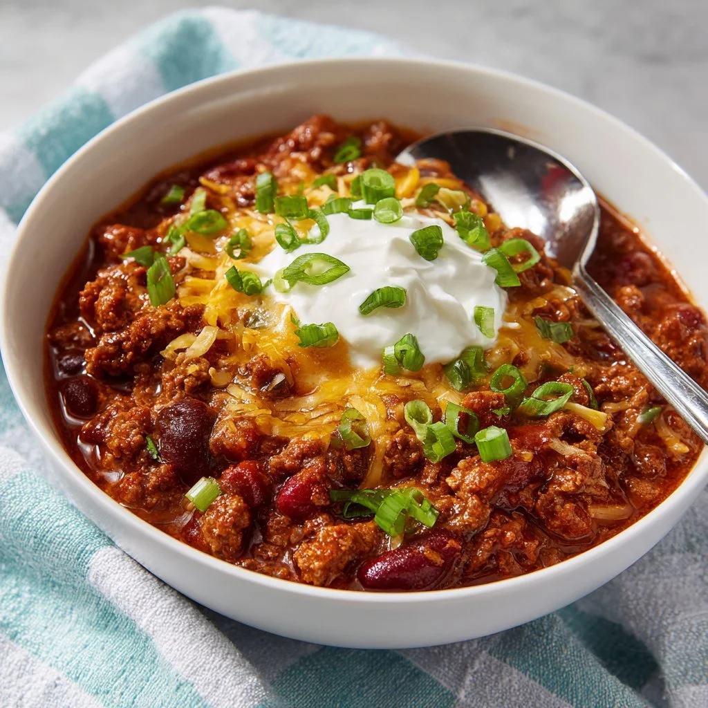 Bowl of delicious Crockpot Chili garnished with fresh herbs