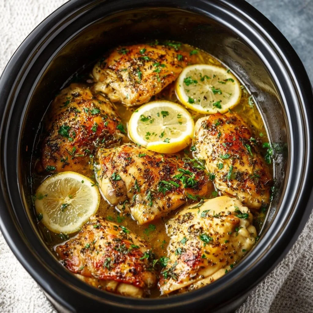 Delicious Crockpot Greek Lemon Chicken served with lemon slices and herbs.