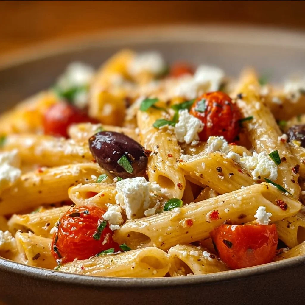 Bowl of Greek Pasta with Feta cheese and fresh vegetables