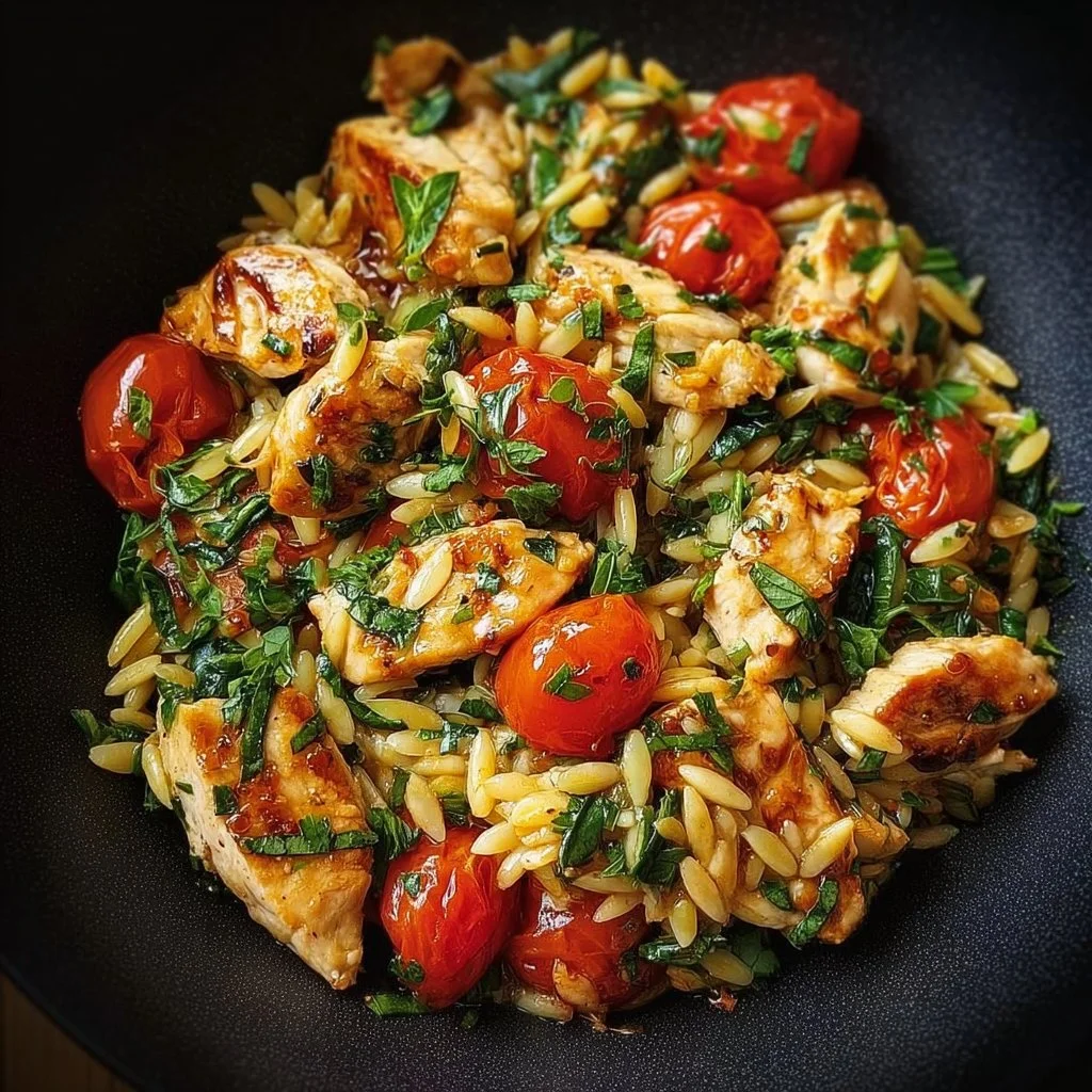 High protein Mediterranean Chicken Orzo dish with vibrant vegetables