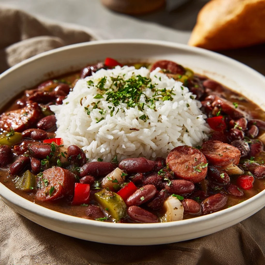 A delicious bowl of Louisiana red beans and rice garnished with green onions