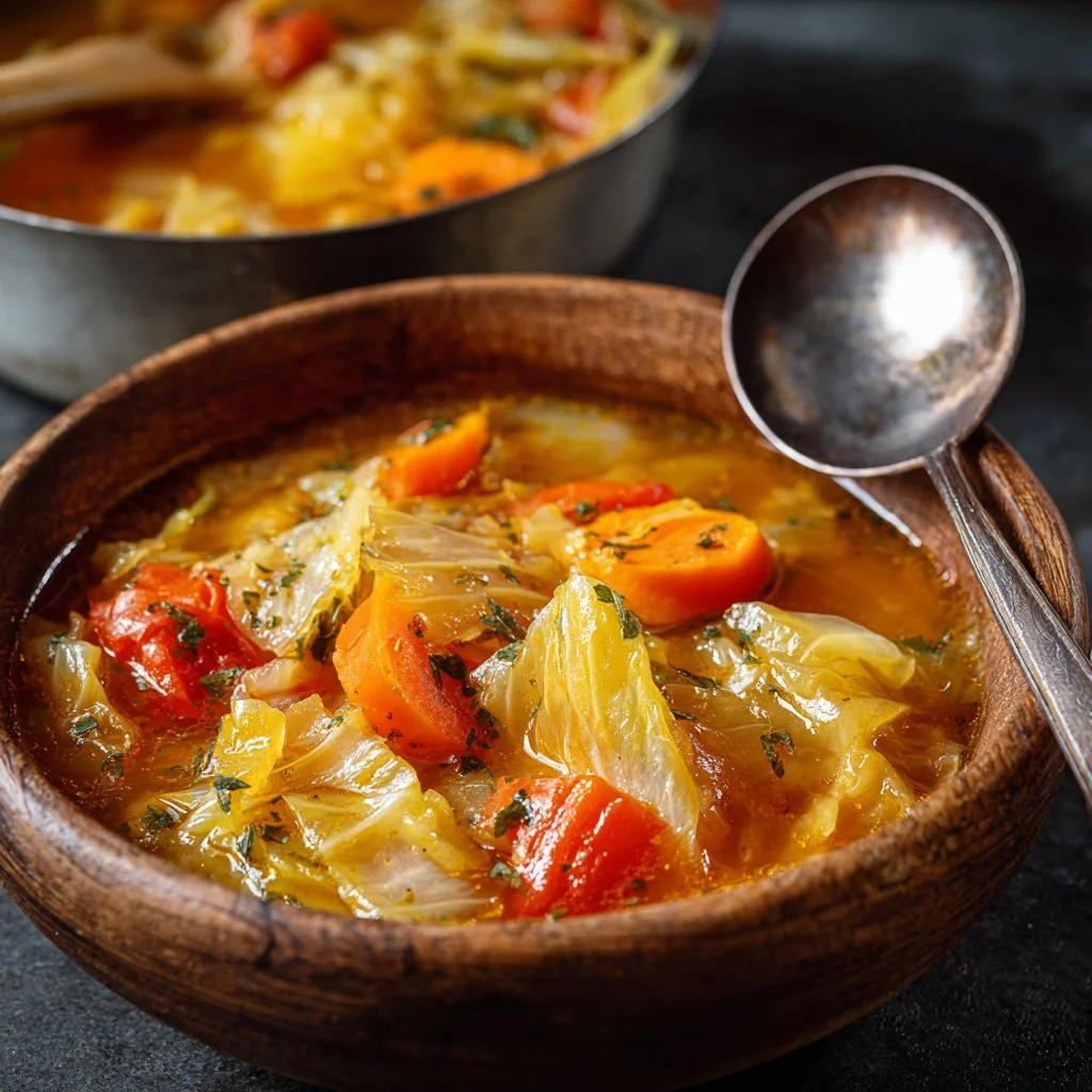 Bowl of low-calorie cabbage fat-burning soup with fresh vegetables