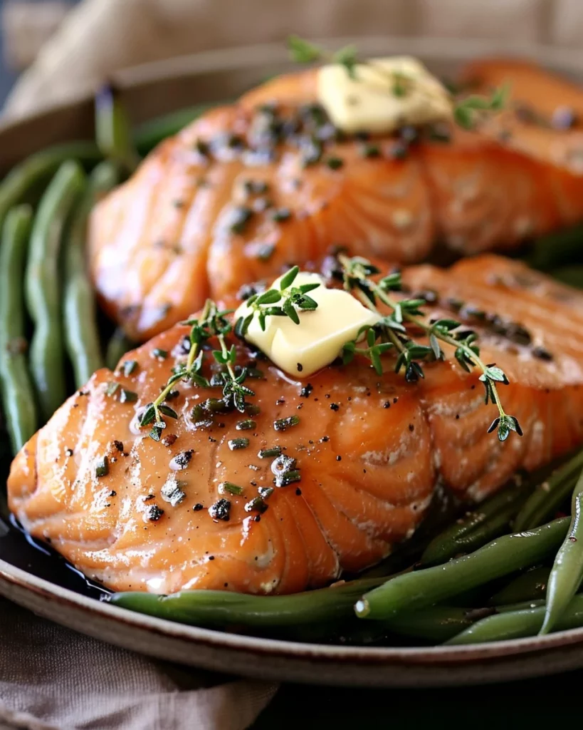 Maple Dijon Salmon With Thyme Butter and Garlic Green Beans