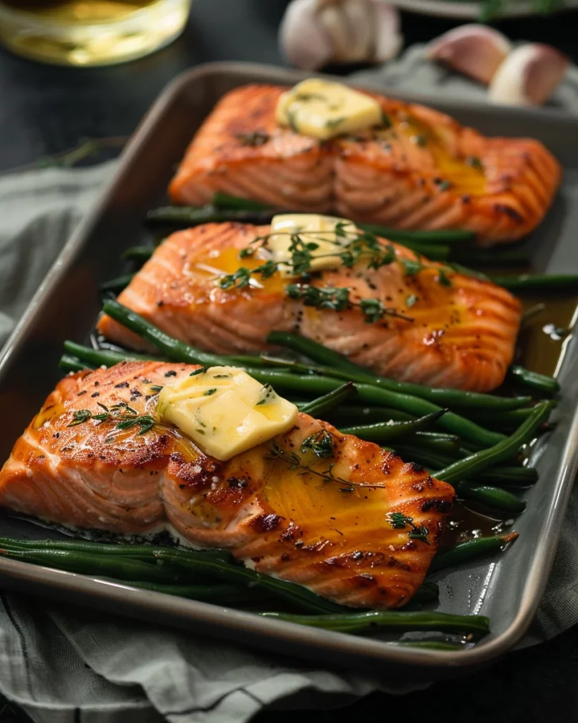 Maple Dijon Salmon With Thyme Butter and Garlic Green Beans