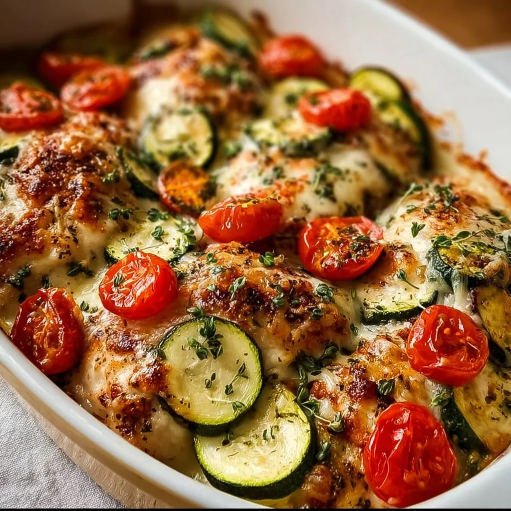 Baked Mediterranean Chicken with zucchini and spices in a casserole dish