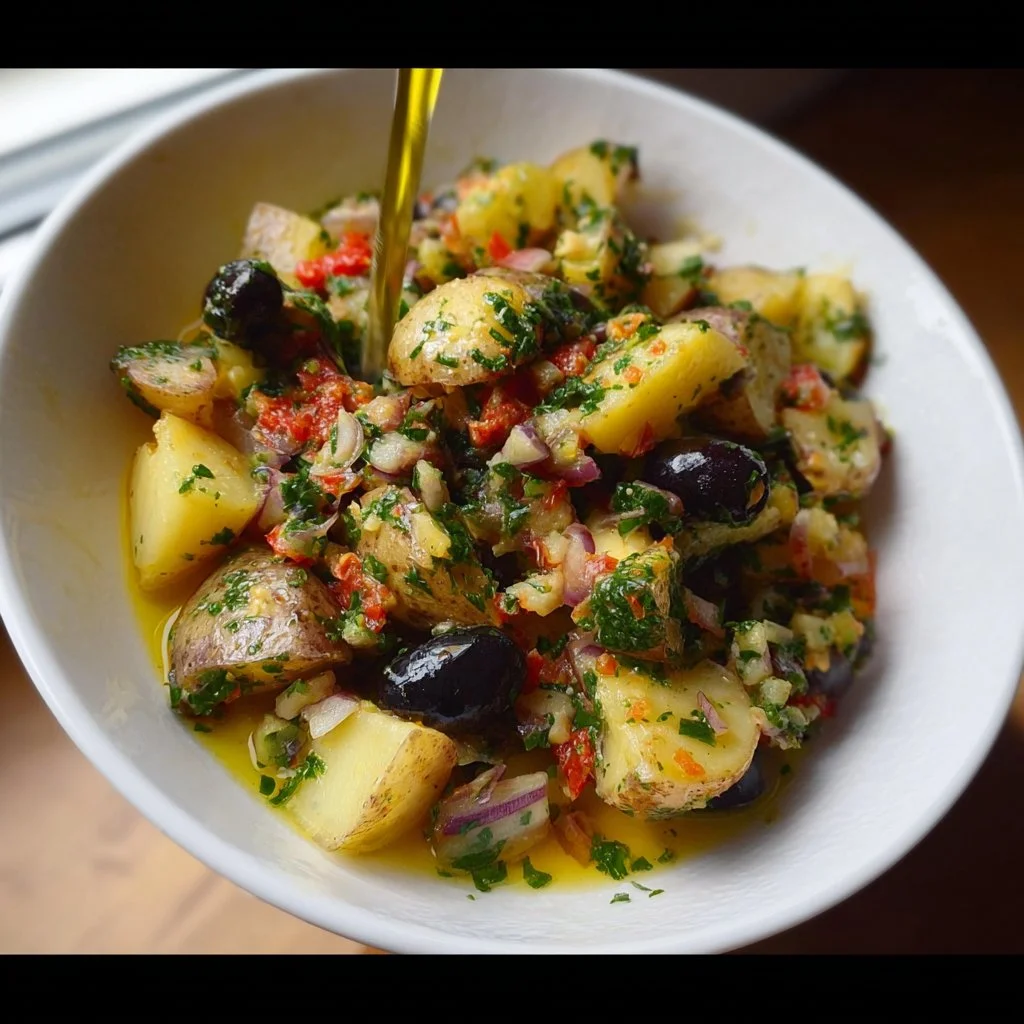 Mediterranean inspired potato salad with fresh herbs and vegetables