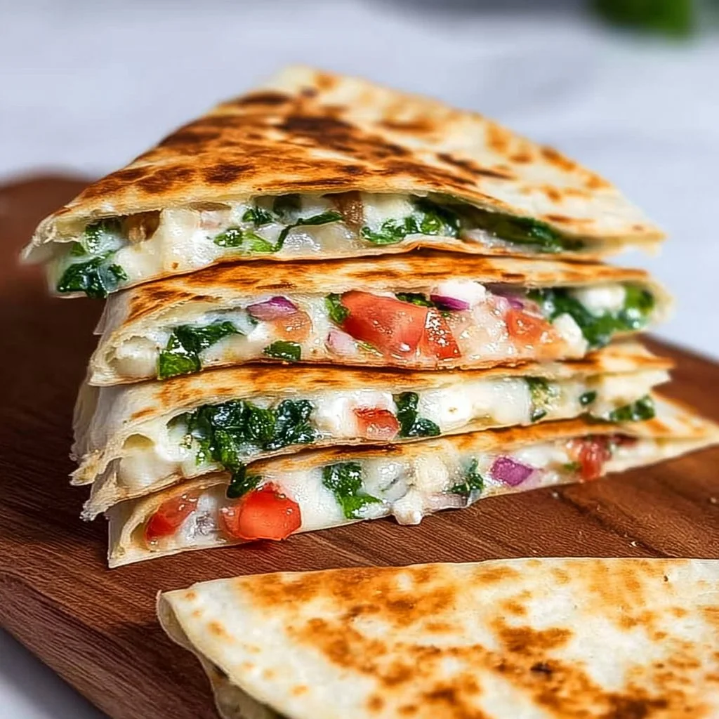 Mediterranean Quesadilla Recipe with Spinach, Feta, and Mozzarella 2 Mediterranean quesadilla filled with spinach, feta cheese, and mozzarella on a plate.