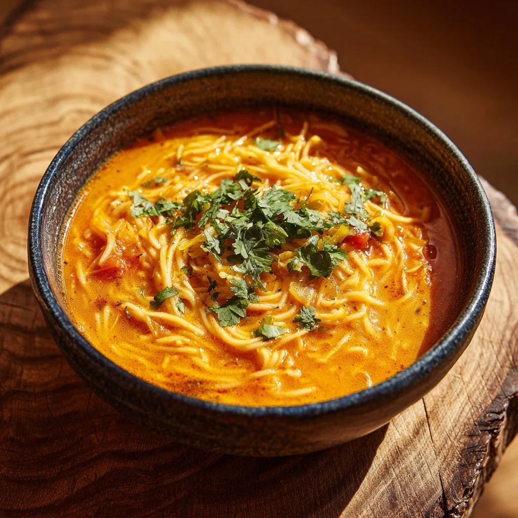 A steaming bowl of delicious noodle soup with fresh vegetables and herbs