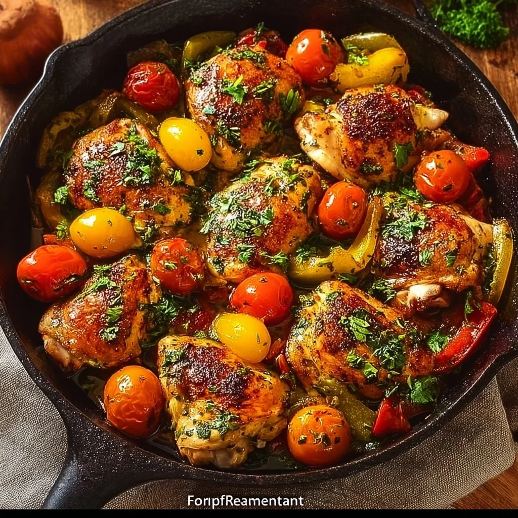 One-Pan Mediterranean Chicken 2 One-Pan Mediterranean Chicken dish with vibrant veggies and spices.