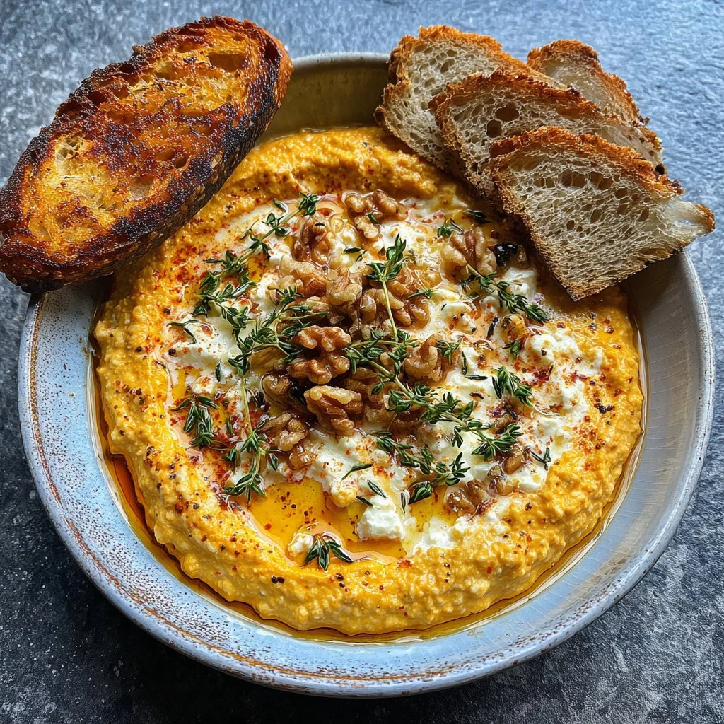 Delicious Pumpkin Whipped Feta Dip served in a bowl with crackers and herbs