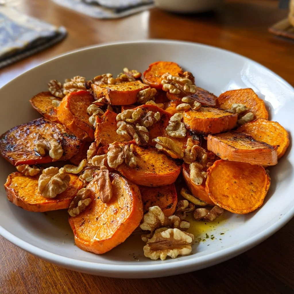Plate of roasted sweet potatoes with maple syrup and walnuts garnish