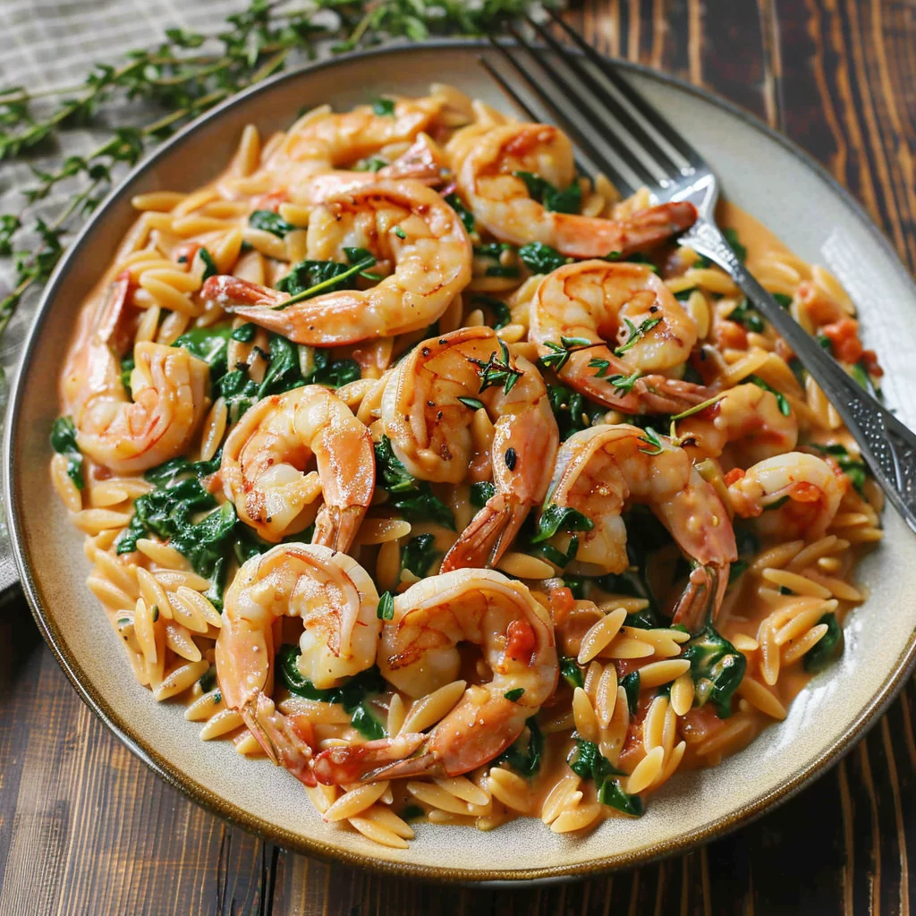 Shrimp and Spinach Orzo in Creamy Tomato Sauce