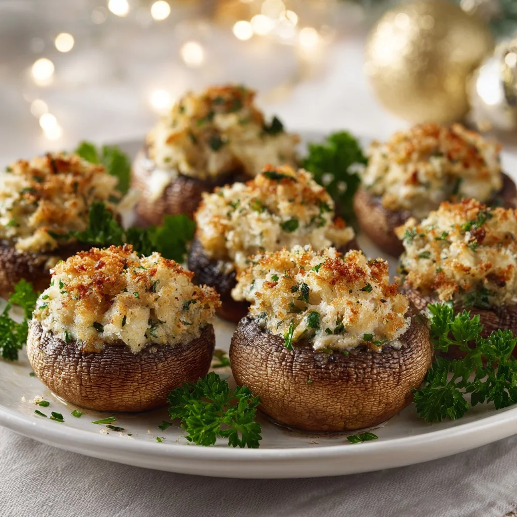 Plate of delicious stuffed mushrooms with savory fillings