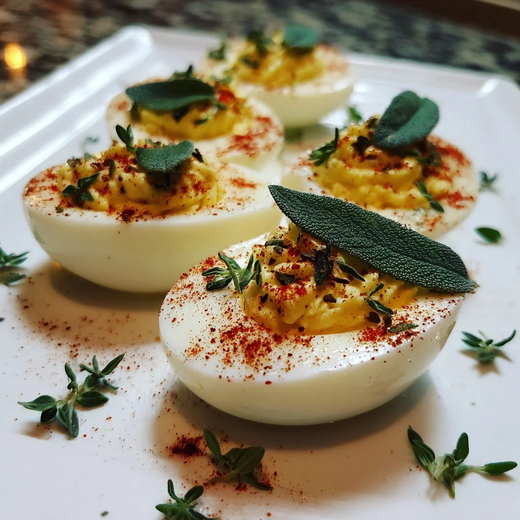 Delicious Thanksgiving deviled eggs garnished and ready to serve