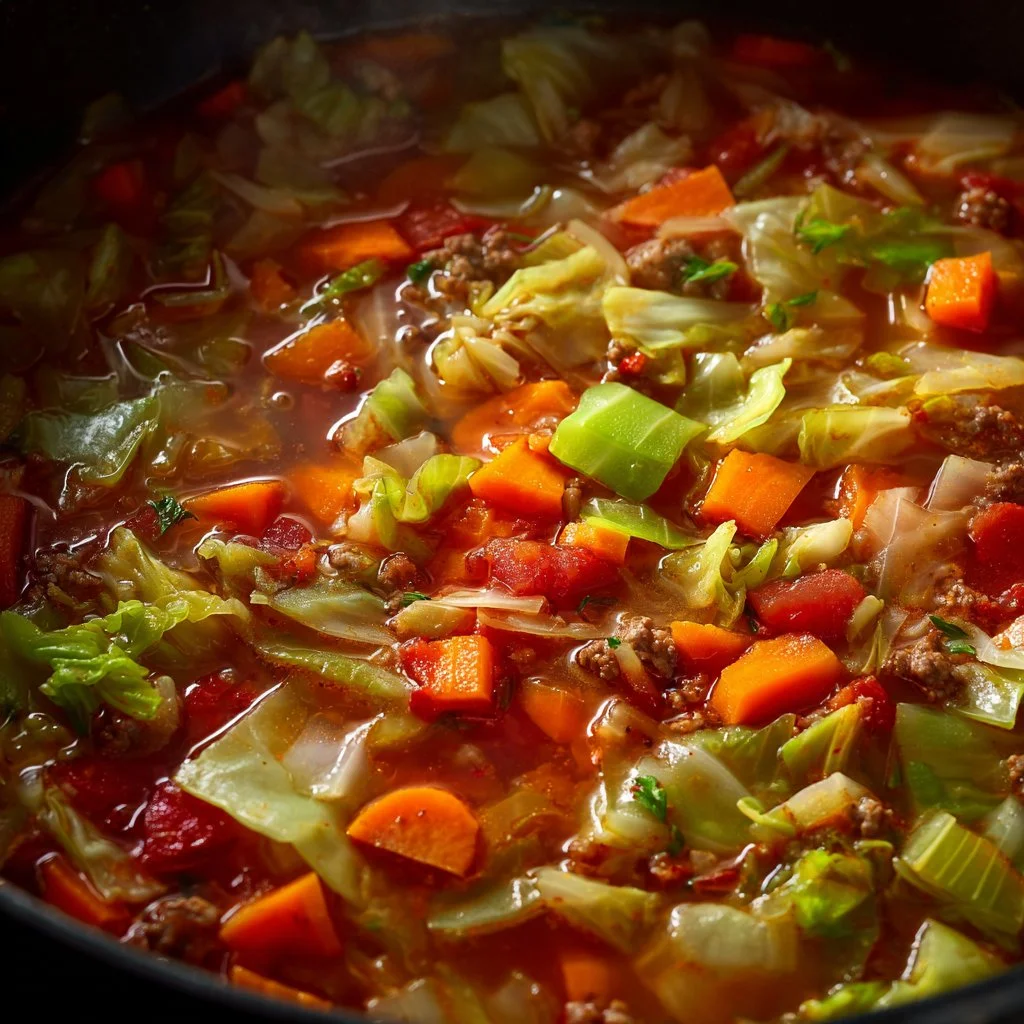 Bowl of Weight Watchers cabbage soup with fresh ingredients for healthy eating