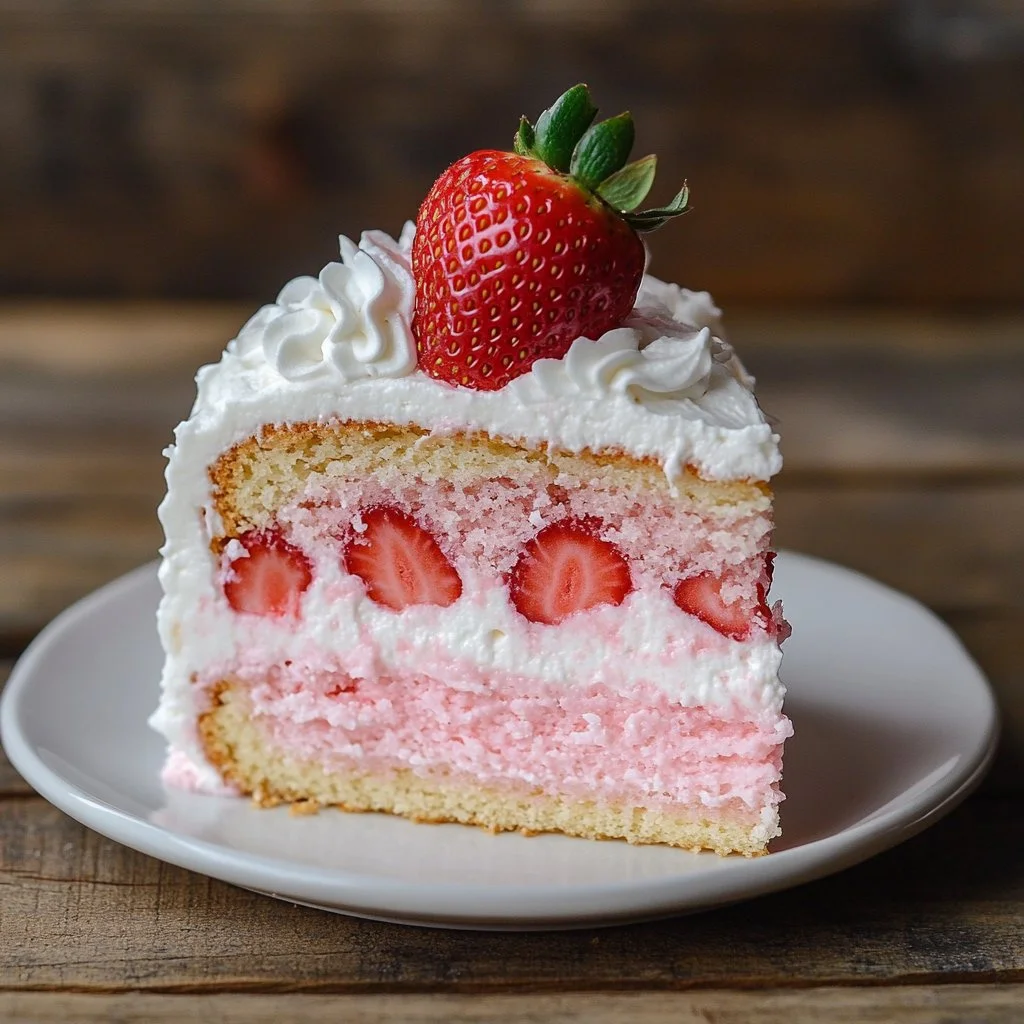 Fluffy 3 ingredient strawberry cloud cake topped with fresh strawberries