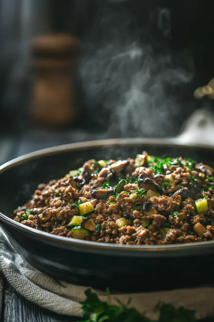 Juicy ground venison with mushrooms