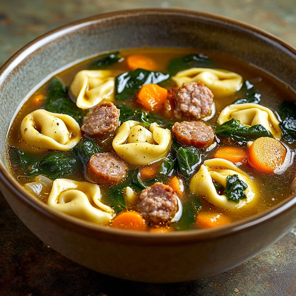 Bowl of Autumn Tortellini Soup with Sausage garnished and ready to serve.