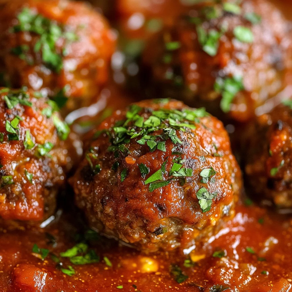 Bobby Flay's Italian meatball recipe served with marinara sauce and spaghetti.