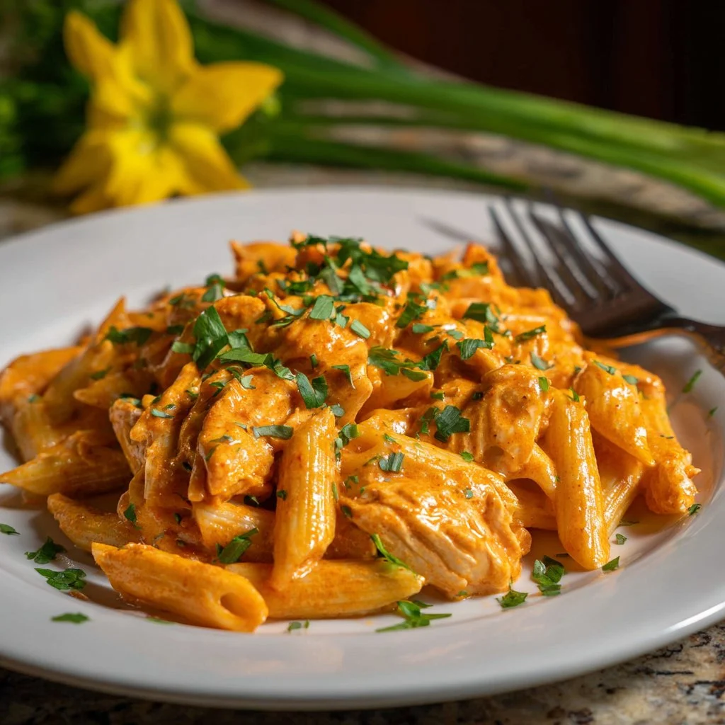 Buffalo Chicken Pasta served in a bowl with garnishes