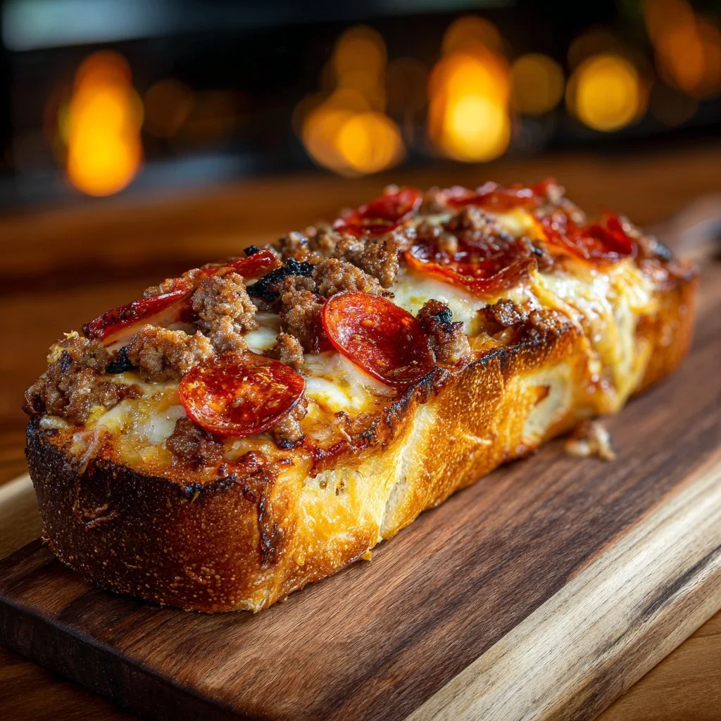 Cheesy Garbage Bread fresh out of the oven, topped with melted cheese and spices.