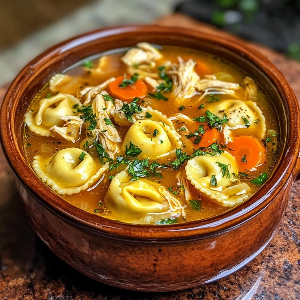 Bowl of homemade Chicken Tortellini Soup garnished with fresh herbs.