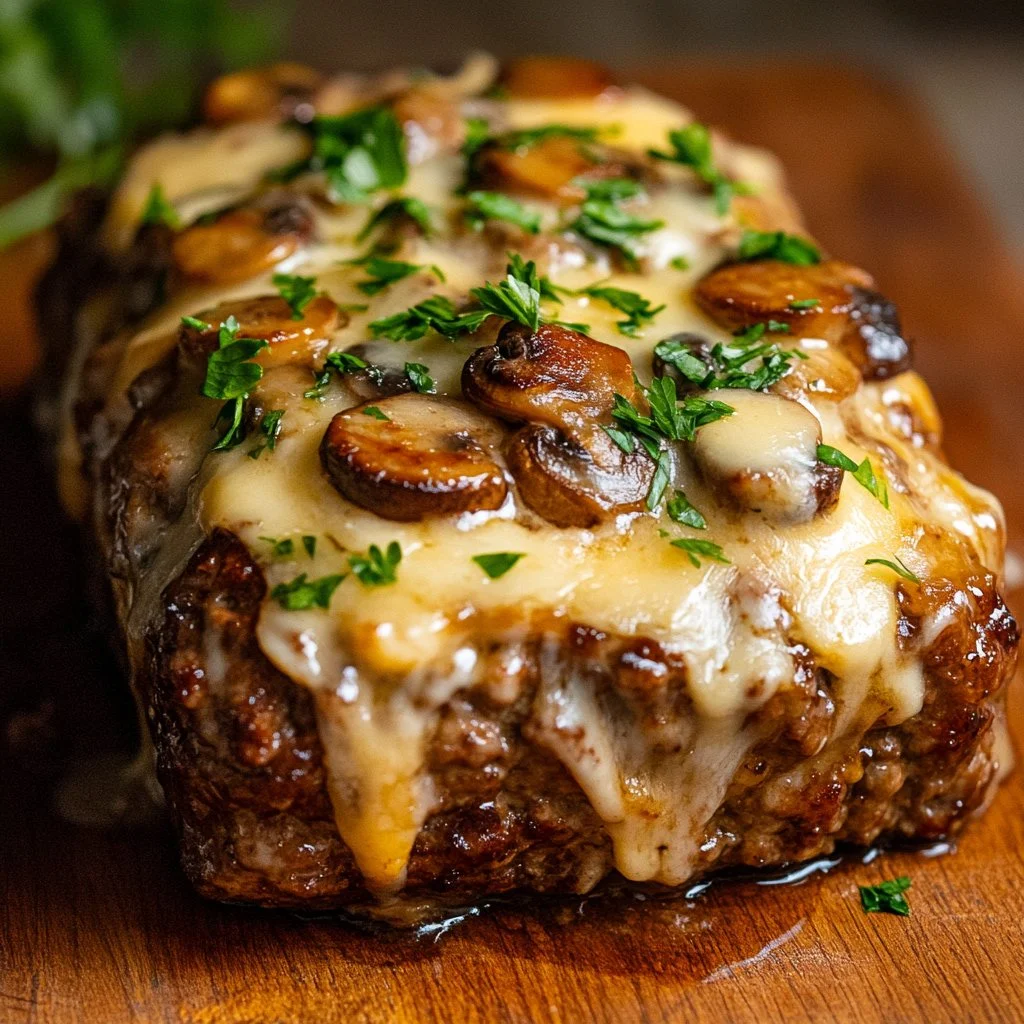 Classic Philly cheesesteak meatloaf topped with melted cheese and sautéed onions.