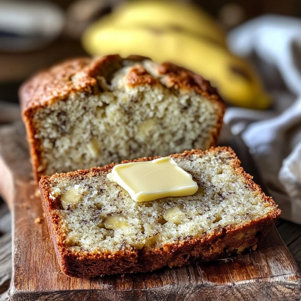 Sliced moist banana bread on a wooden cutting board
