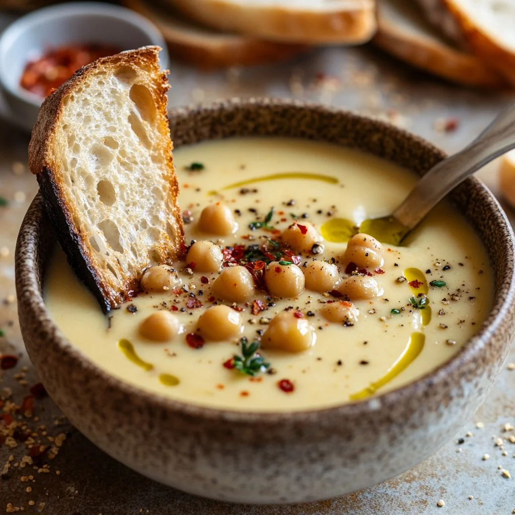 Bowl of flavorful Garlic Chickpea Soup topped with herbs and spices.