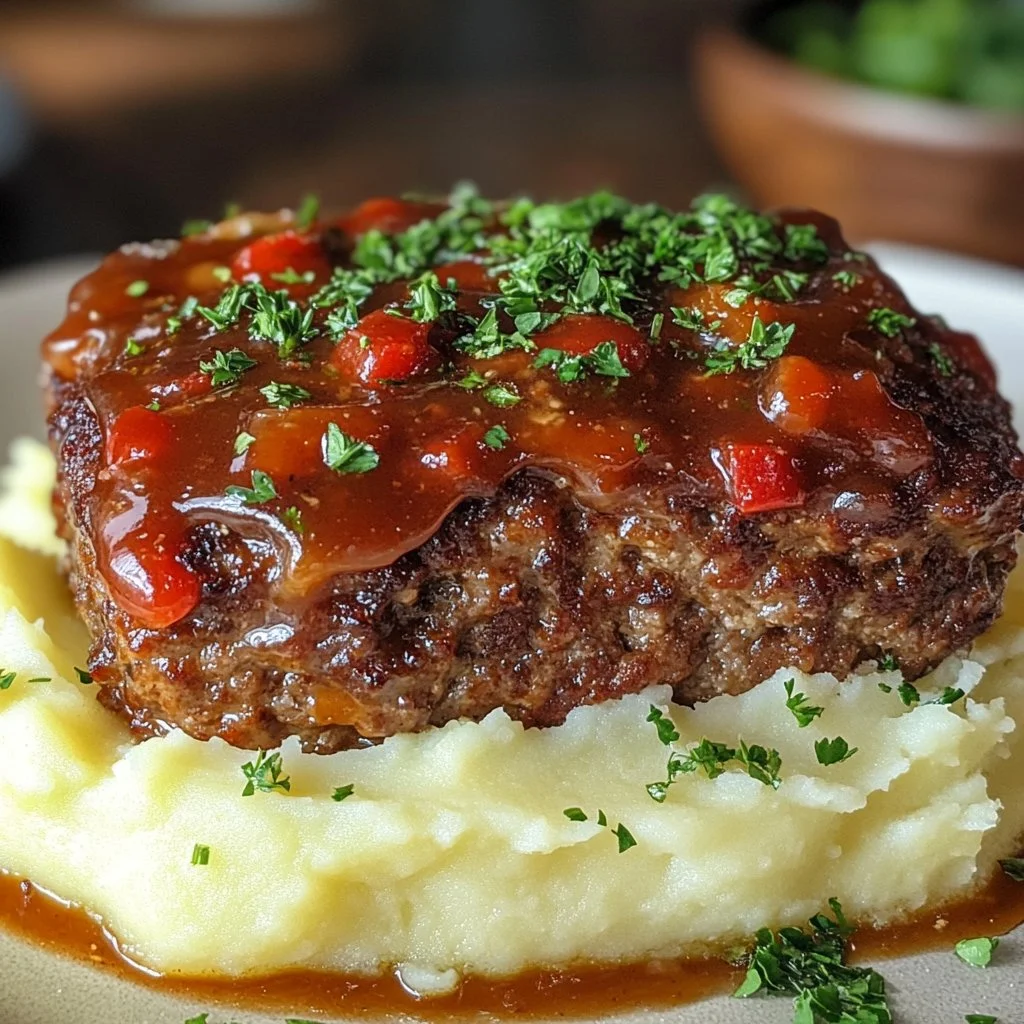 Delicious hearty meatloaf served with mashed potatoes and vegetables.