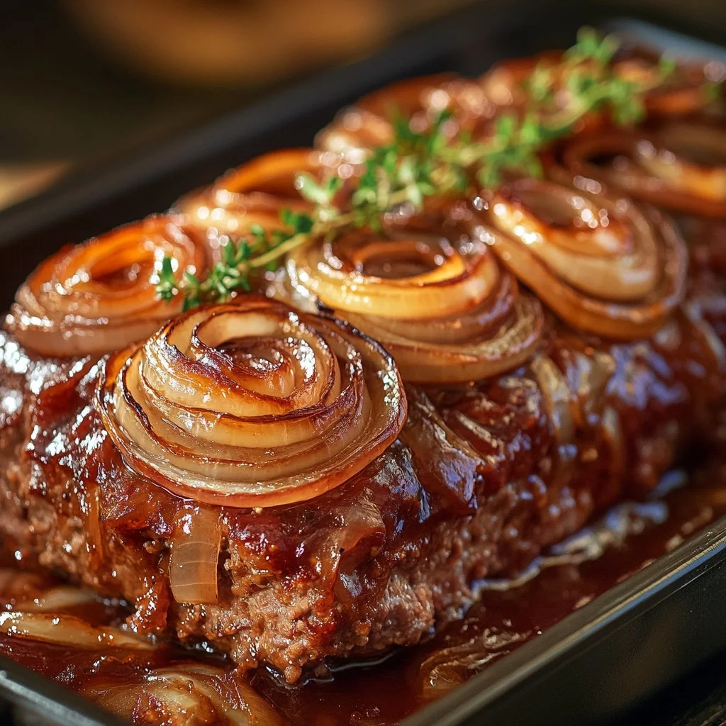 Indulgent French Onion Meatloaf for Ultimate Comfort Food 3 Indulgent French Onion Meatloaf topped with caramelized onions and cheese