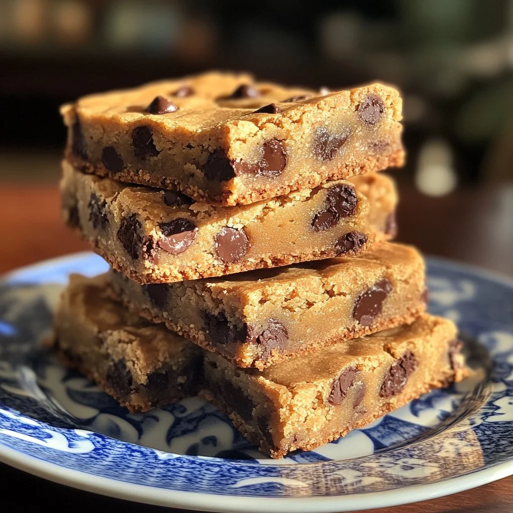 Deliciously melted chocolate chip cookie bars on a plate
