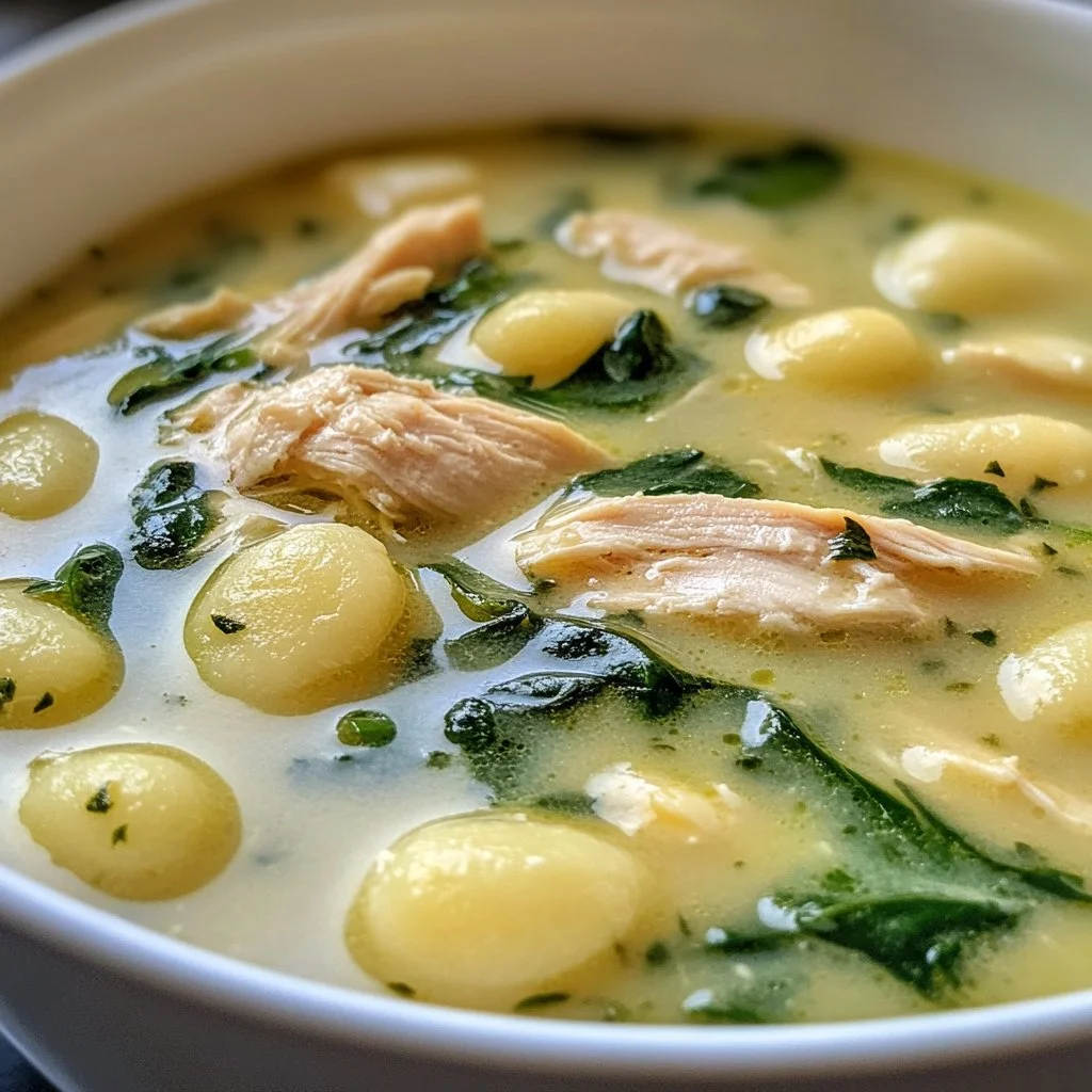 Creamy Chicken Gnocchi Soup inspired by Olive Garden recipe, served in a bowl.