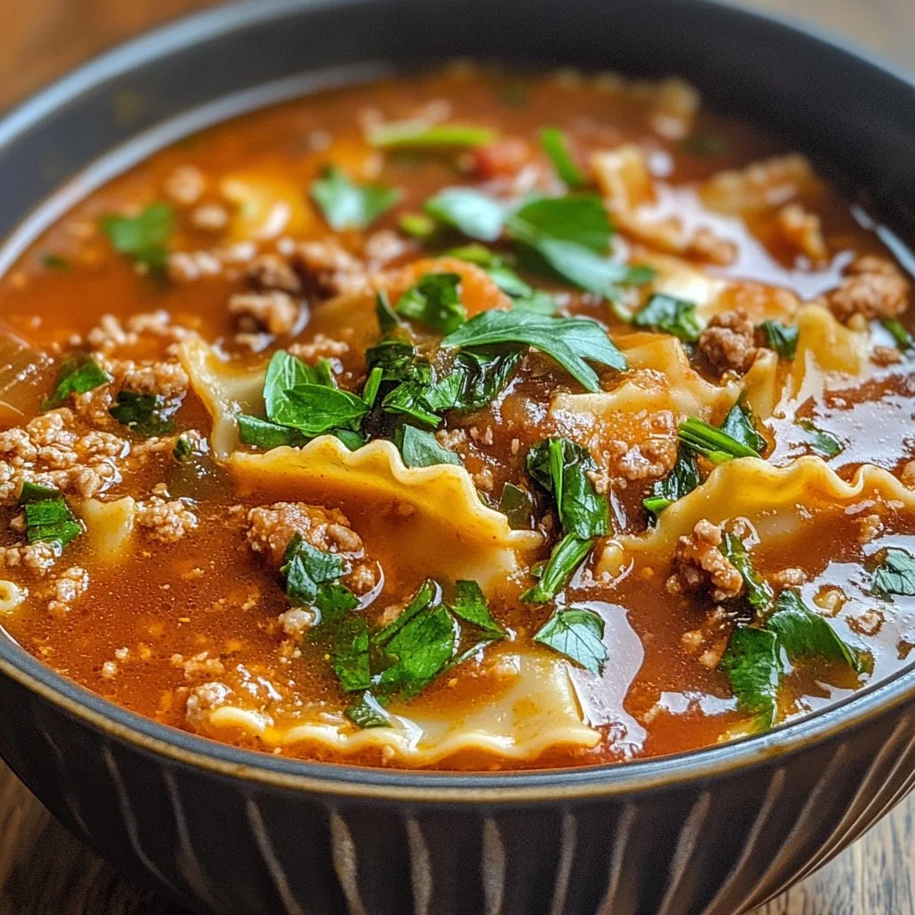 One Pot Lasagna Soup in a bowl, showcasing layers of pasta and cheese