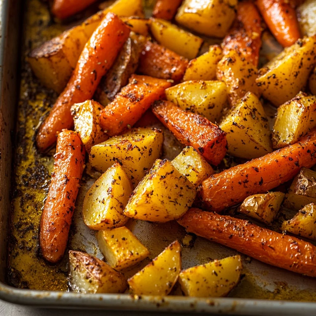 Bowl of oven roasted carrots and potatoes, seasoned and golden brown