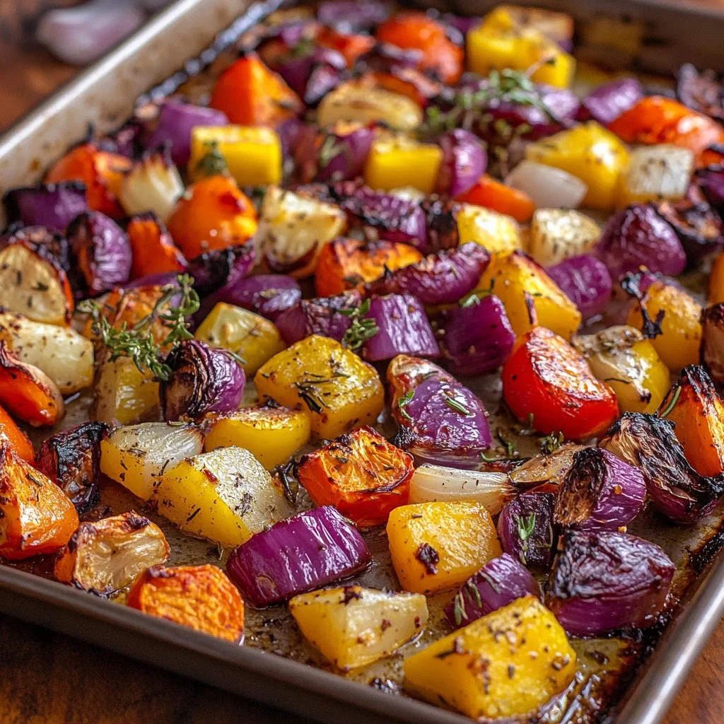 Colorful platter of oven roasted vegetables including carrots, bell peppers, and zucchini.