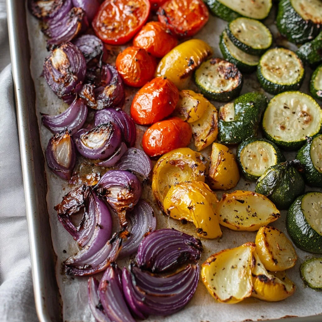 Colorful array of oven roasted vegetables on a baking sheet