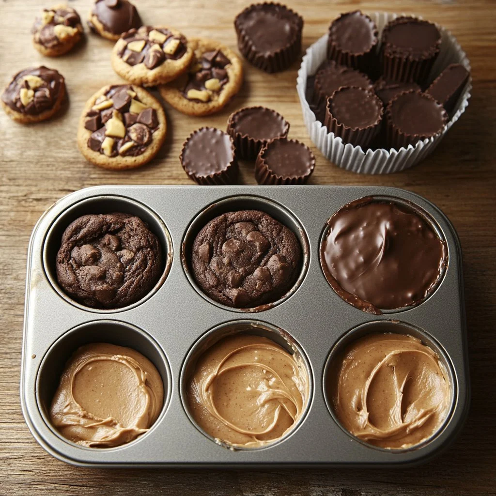 Peanut butter cup stuffed brownie cookies fresh out of the oven