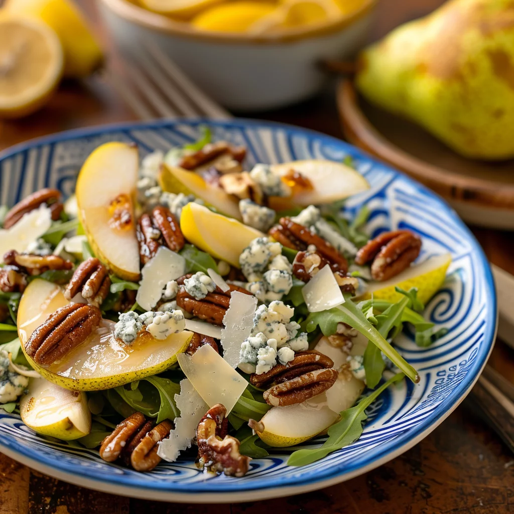 Pear and Arugula Salad with Gorgonzola Candied Pecans and Lemon-Honey Vinaigrette