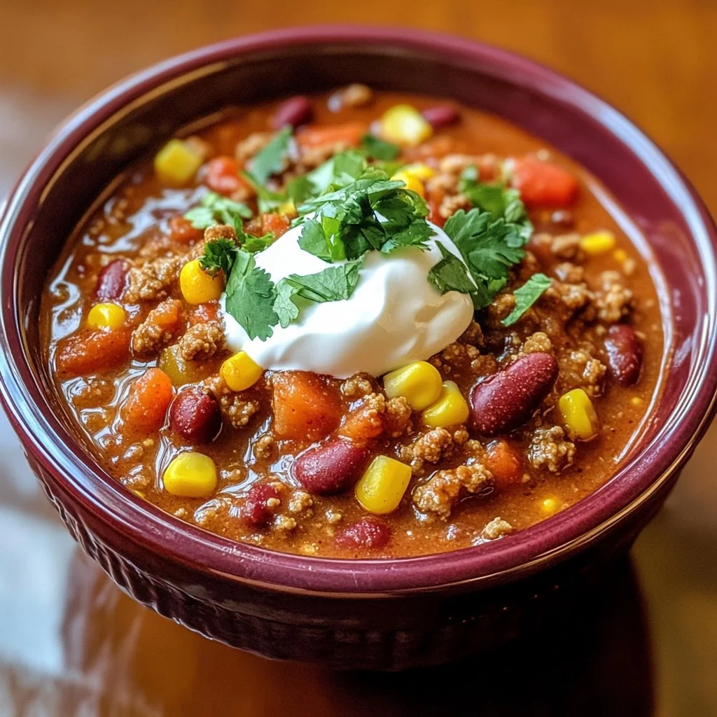 Pioneer Woman Chili 3 Bowl of Pioneer Woman chili garnished with fresh herbs and cheese
