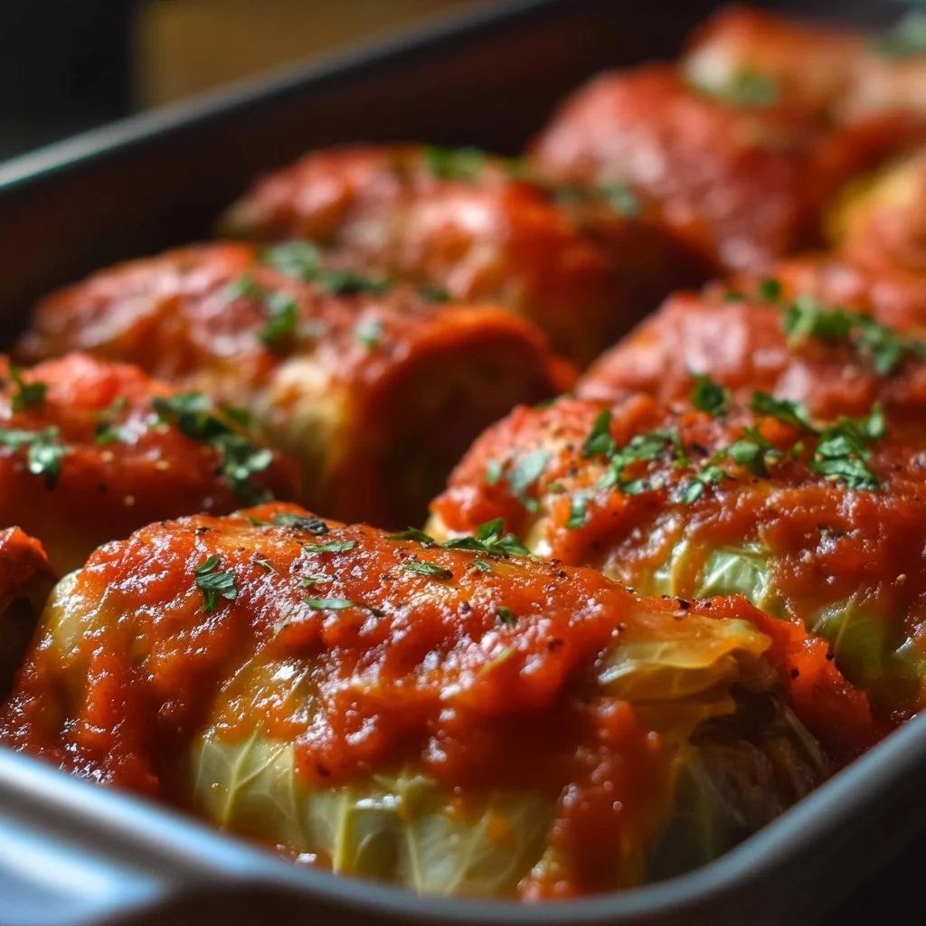 Baked Polish cabbage rolls fresh out of the oven, garnished and ready to serve.