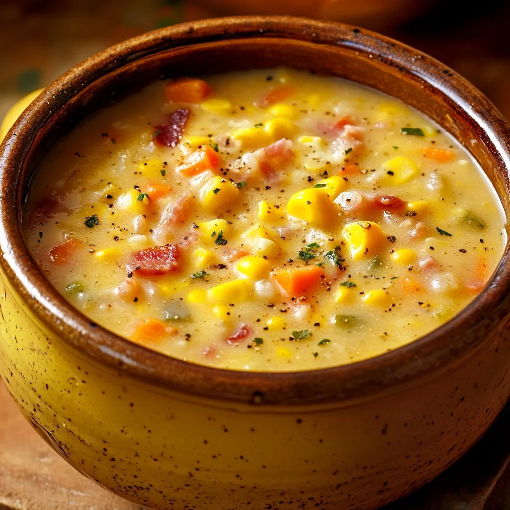 Bowl of creamy Potato Corn Chowder topped with fresh herbs