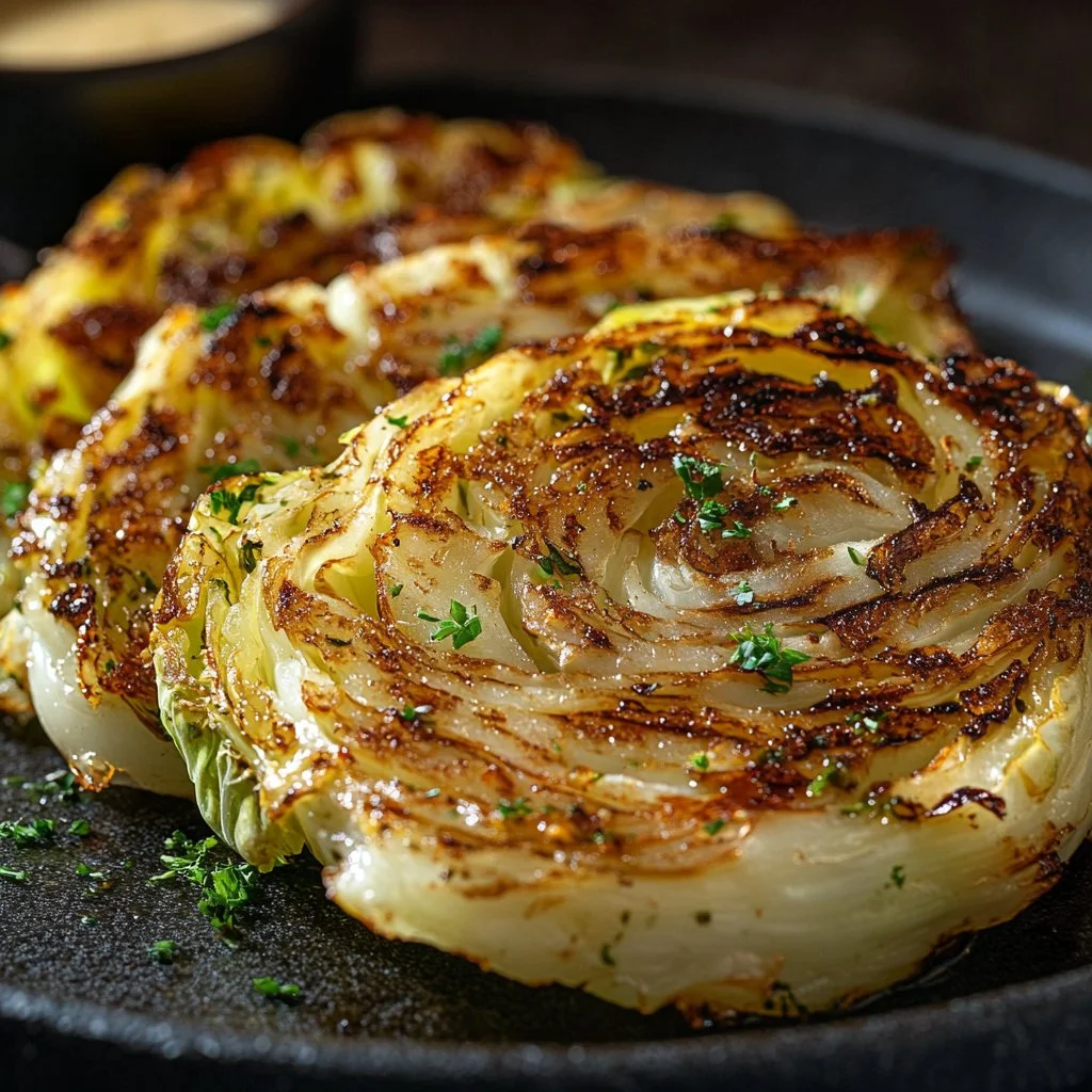 Roasted cabbage steaks seasoned and ready to serve on a plate