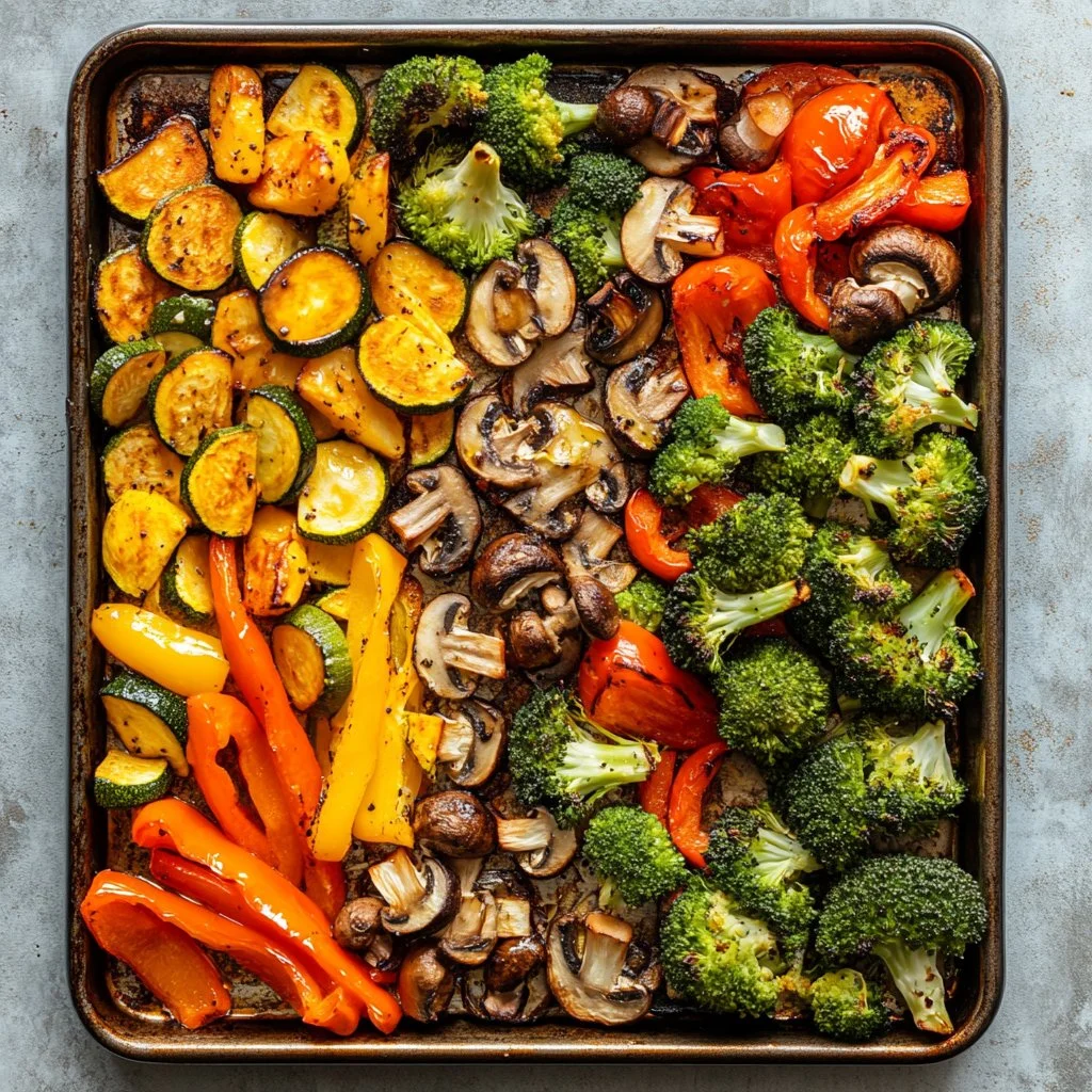 A colorful platter of roasted vegetables, including carrots, bell peppers, and zucchini.