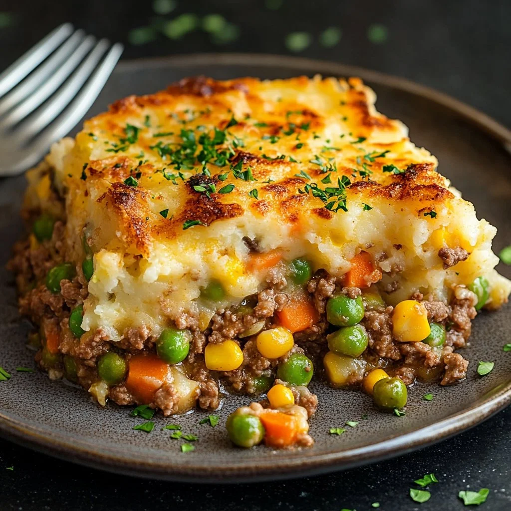 Delicious Shepherd's Pie topped with creamy mashed potatoes and savory filling