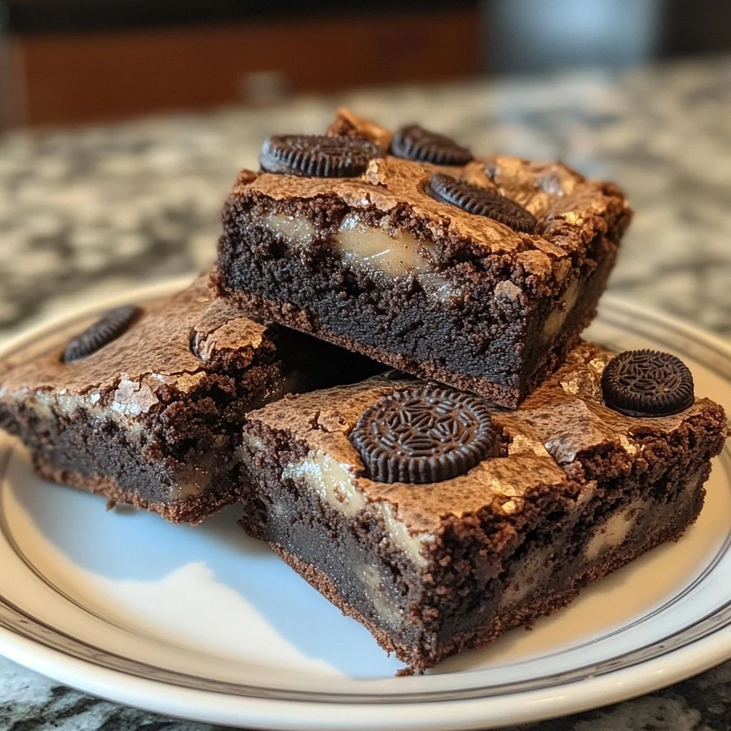 Delicious slutty brownies with layers of cookie dough, Oreos, and brownie mix