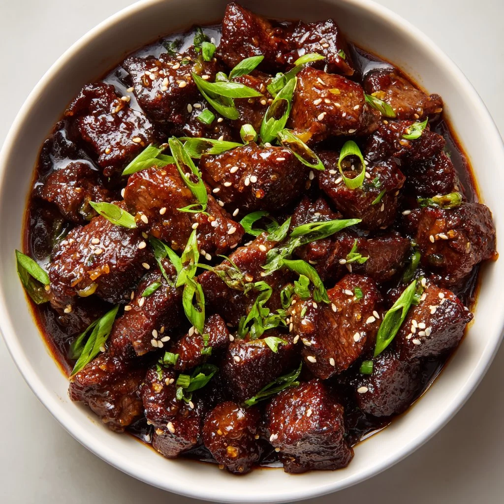 Delicious sweet and sticky steak bites served on a platter