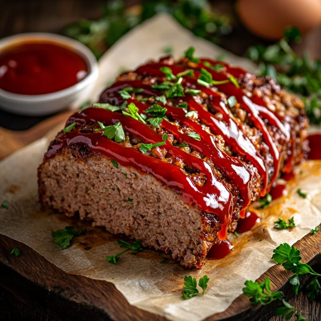 Delicious homemade meatloaf served on a plate with fresh herbs